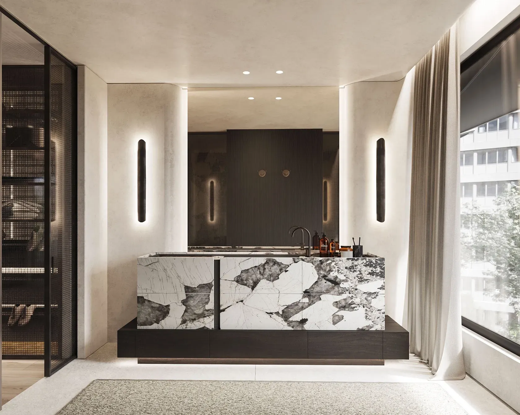 Private terrace with elegant seating and city views, surrounded by lush vegetation and modern design.