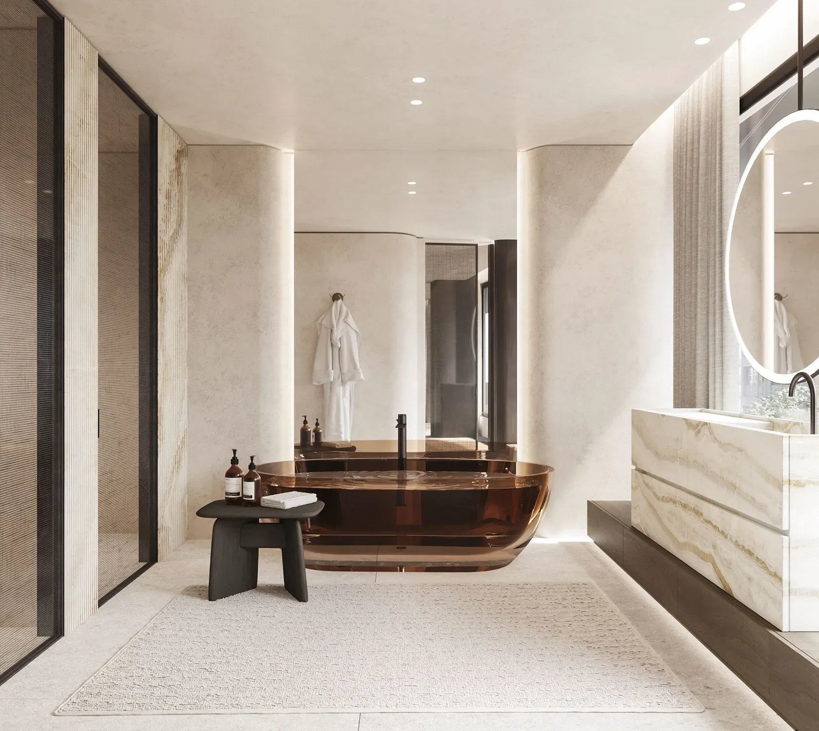 Sophisticated lounge area with rich wood textures and integrated lighting, reflecting LUV Studio’s luxury vision.