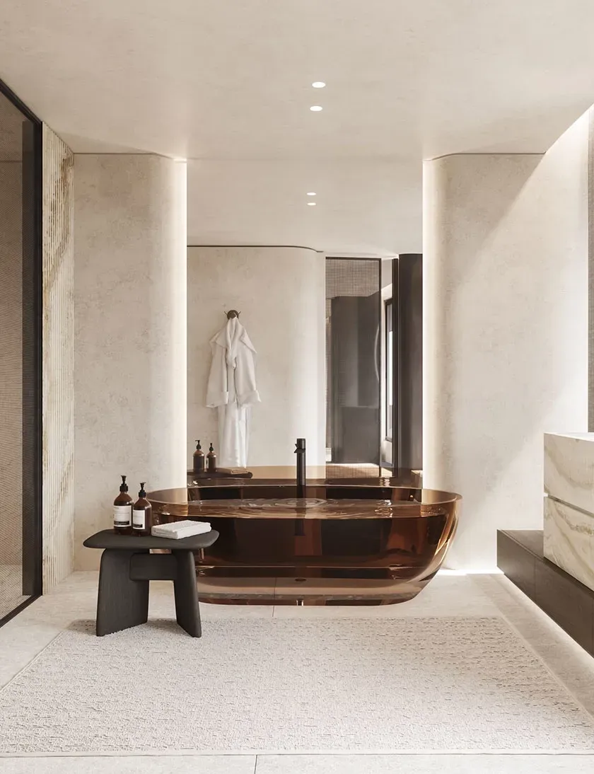 Sophisticated lounge area with rich wood textures and integrated lighting, reflecting LUV Studio’s luxury vision.