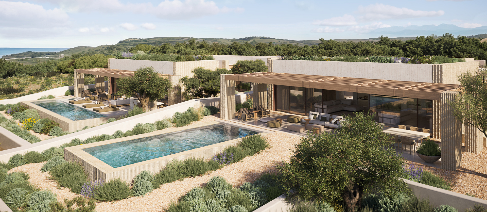 Aerial view of luxury Mediterranean villa with minimalist architecture, surrounded by pine trees and natural landscape.