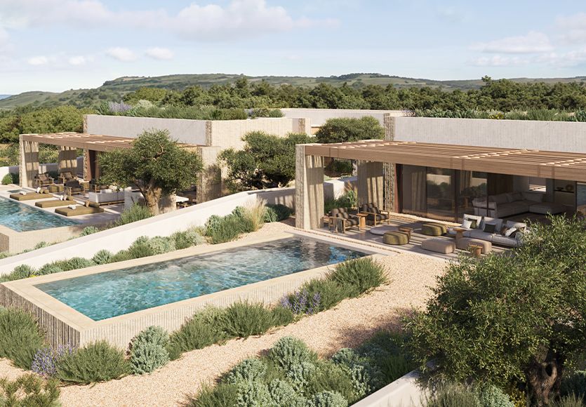 Aerial view of luxury Mediterranean villa with minimalist architecture, surrounded by pine trees and natural landscape.