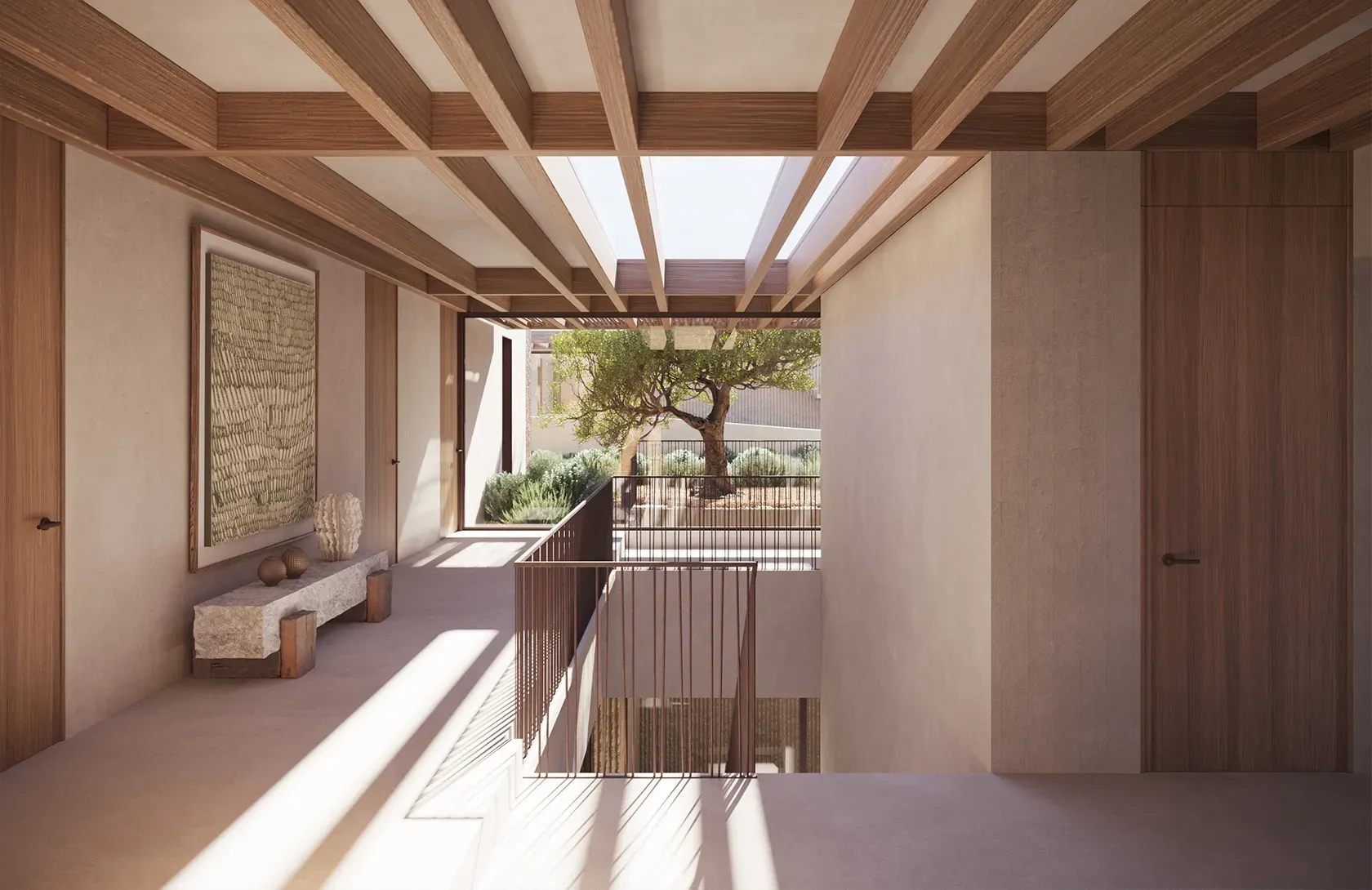 Refined hallway with vaulted ceiling, terracotta flooring, and warm tones enhancing the luxury architectural design.