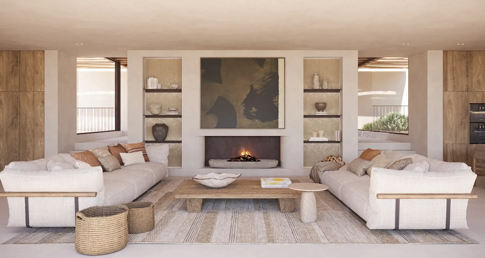 Spacious living room with exposed beams, earthy textures, and curated lighting creating a cozy luxury retreat.