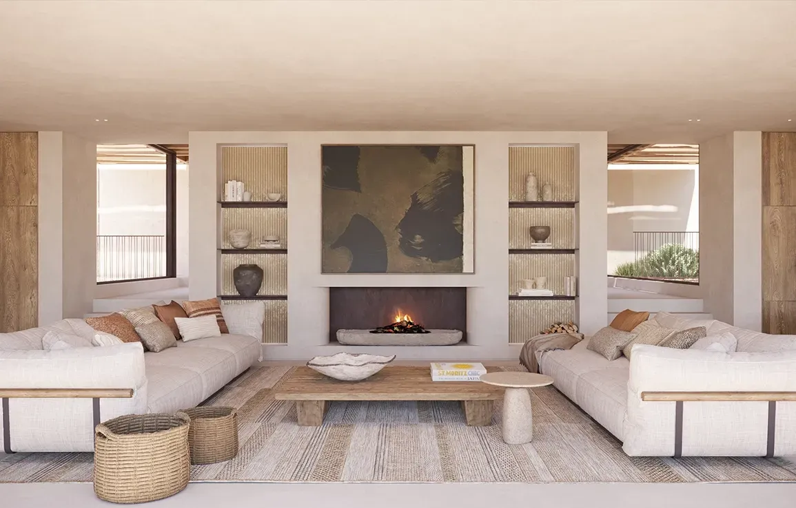 Spacious living room with exposed beams, earthy textures, and curated lighting creating a cozy luxury retreat.