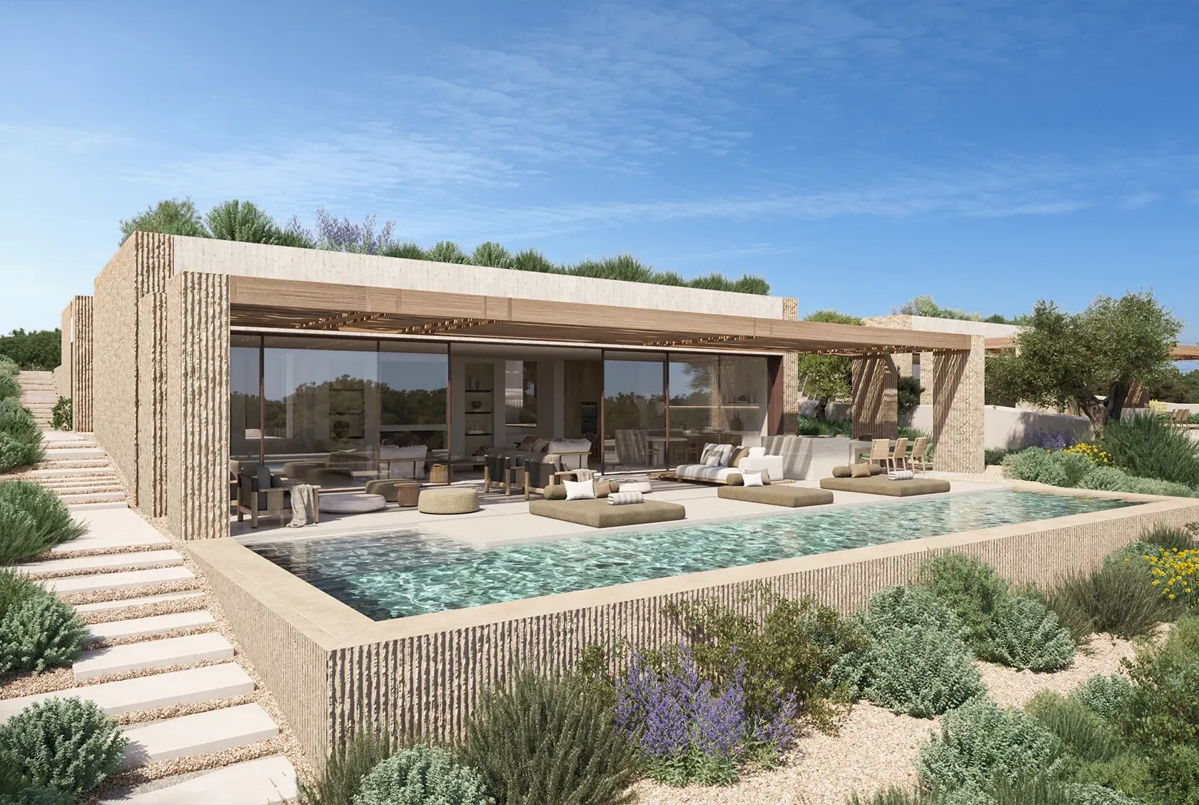 Luxury infinity pool with panoramic views and natural stone deck, seamlessly integrated into the architecture.