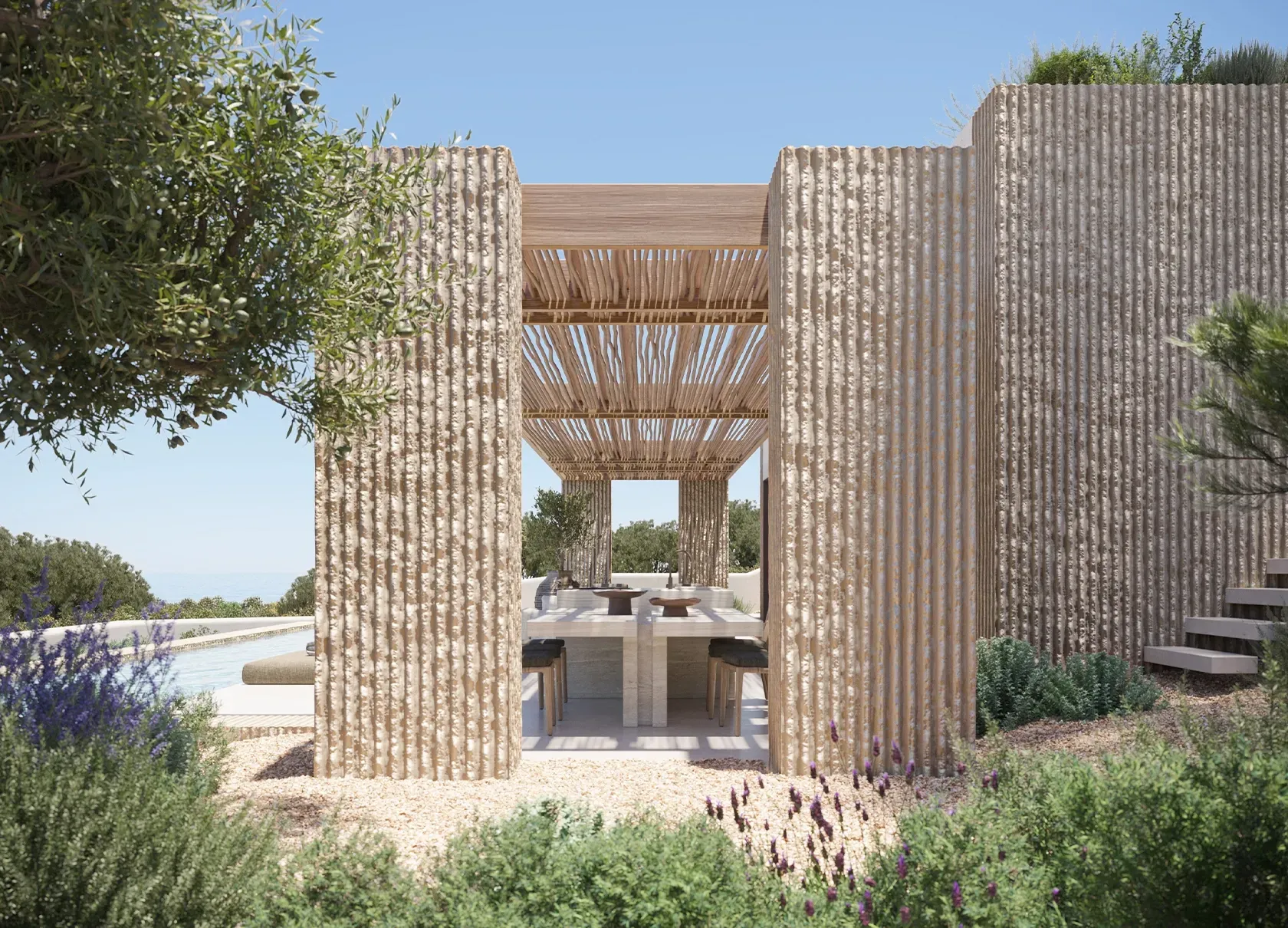 Open-air terrace with pergola, natural stone finishes, and dining area overlooking Mediterranean landscape.