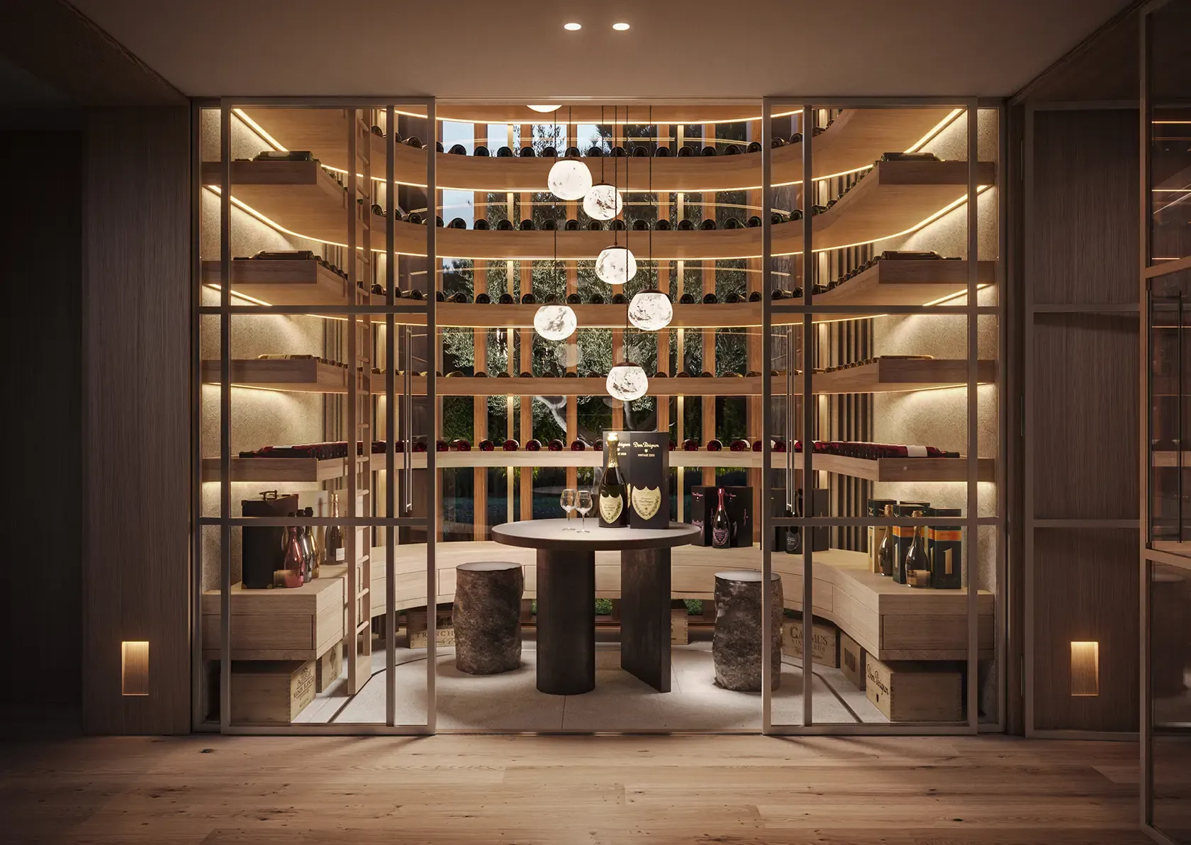 Wine cellar with a refined architectural composition, featuring curved wooden shelving, integrated warm lighting, and glass enclosures that frame a central tasting area, creating an immersive and sophisticated environment dedicated to wine collection and experience.