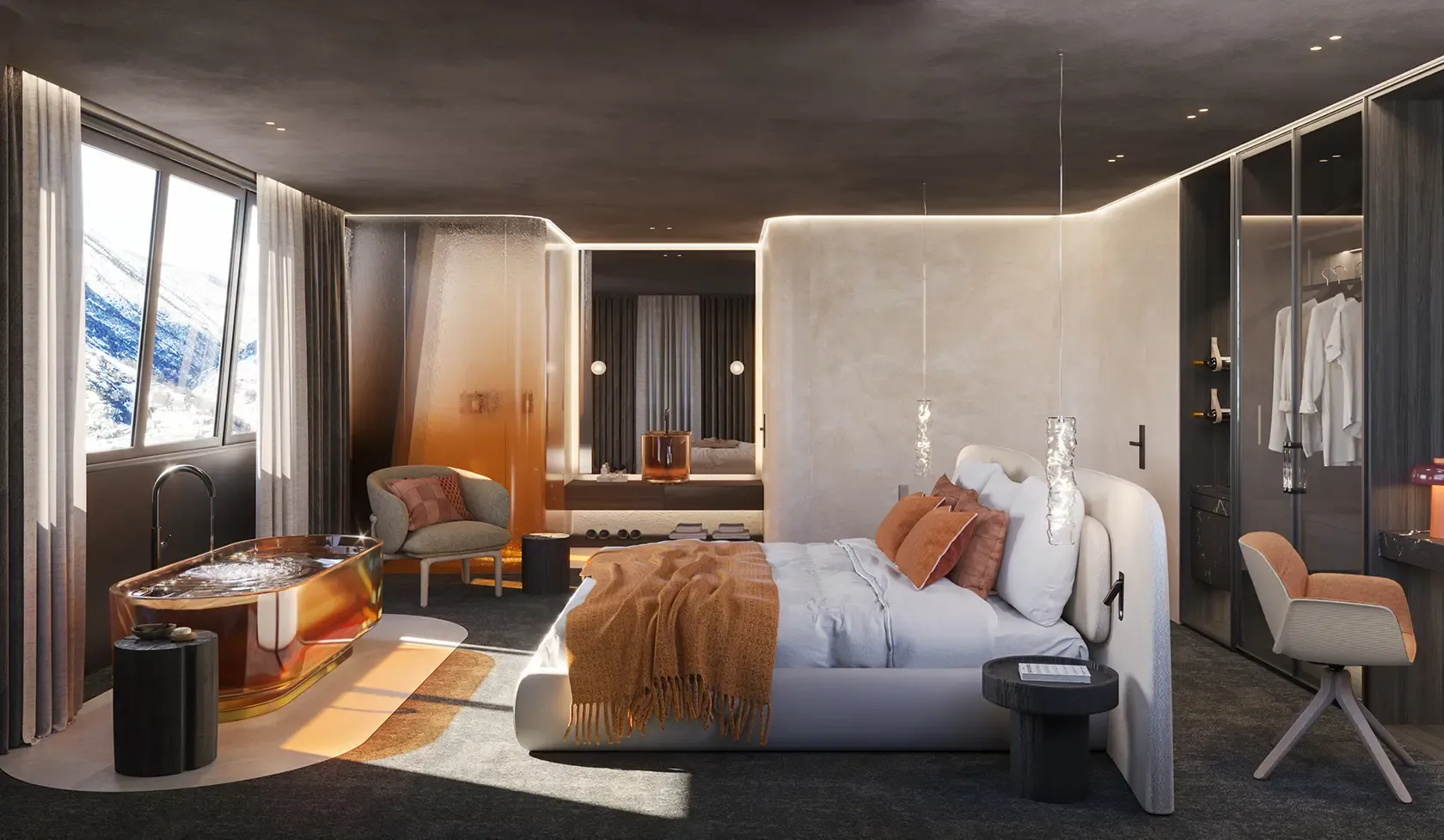 Luxury hotel room with freestanding bathtub by the window, warm ambient lighting, bespoke furniture, and refined contemporary interior design with mountain views