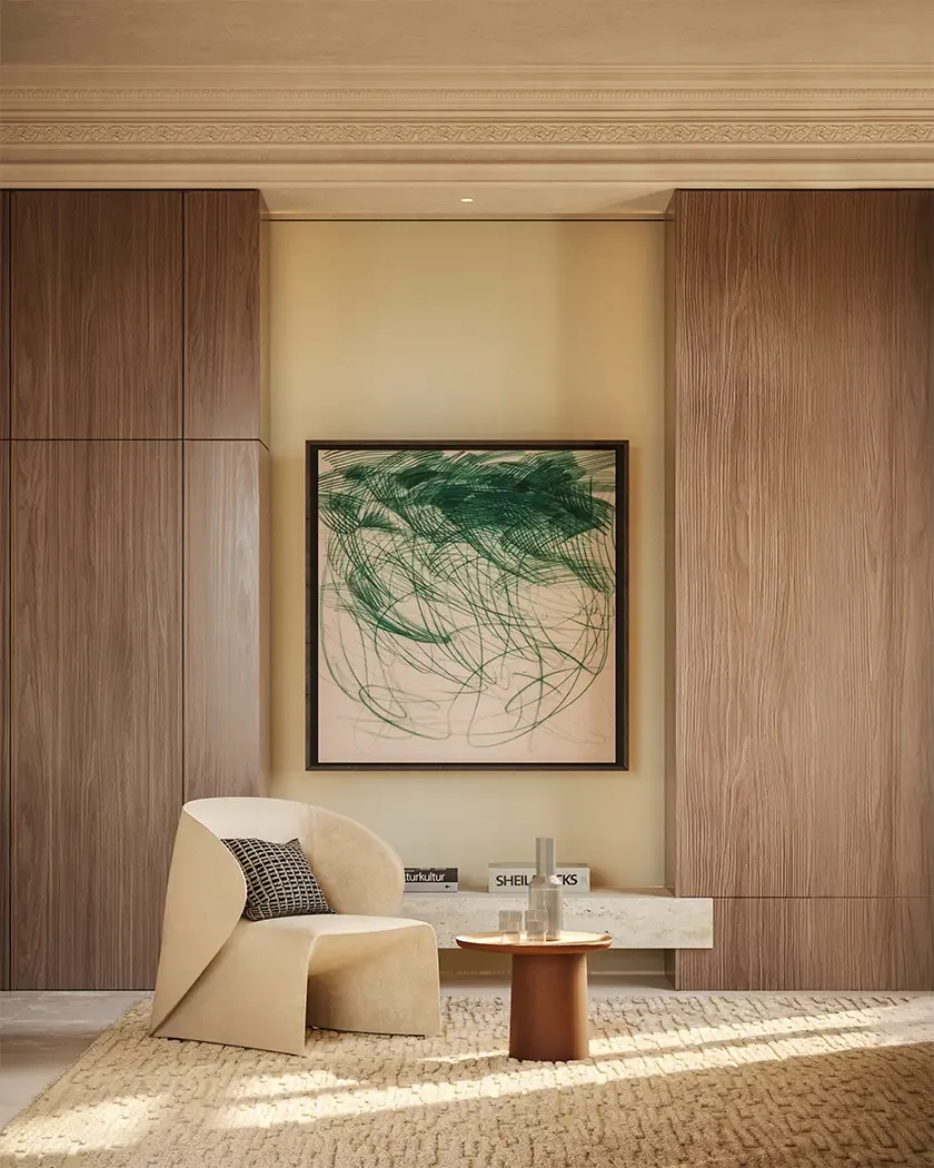 Refined living corner with sculptural armchair, warm wood paneling, textured rug, and abstract artwork in a softly lit contemporary interior.