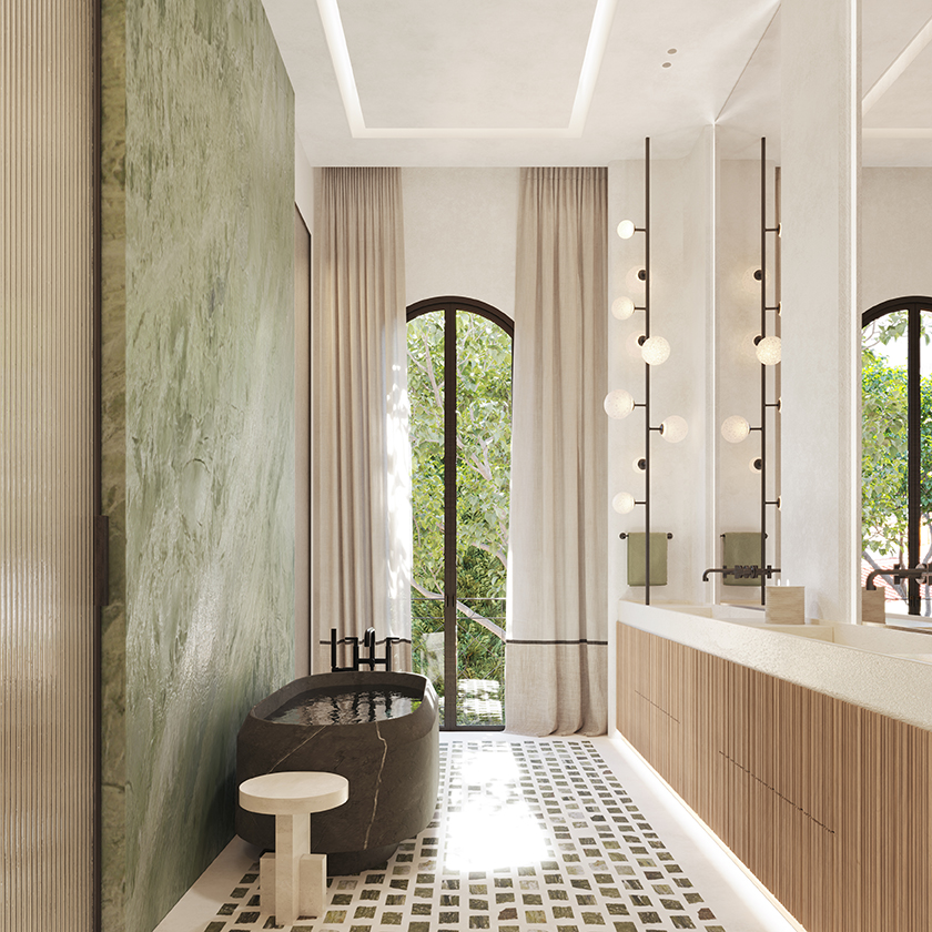 Elegant bathroom in the Sant Felip apartment with a modern bathtub and marble details creating a serene atmosphere.