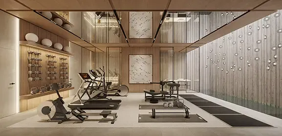 Modern home gym with wellness interior design, professional equipment and wood finishes