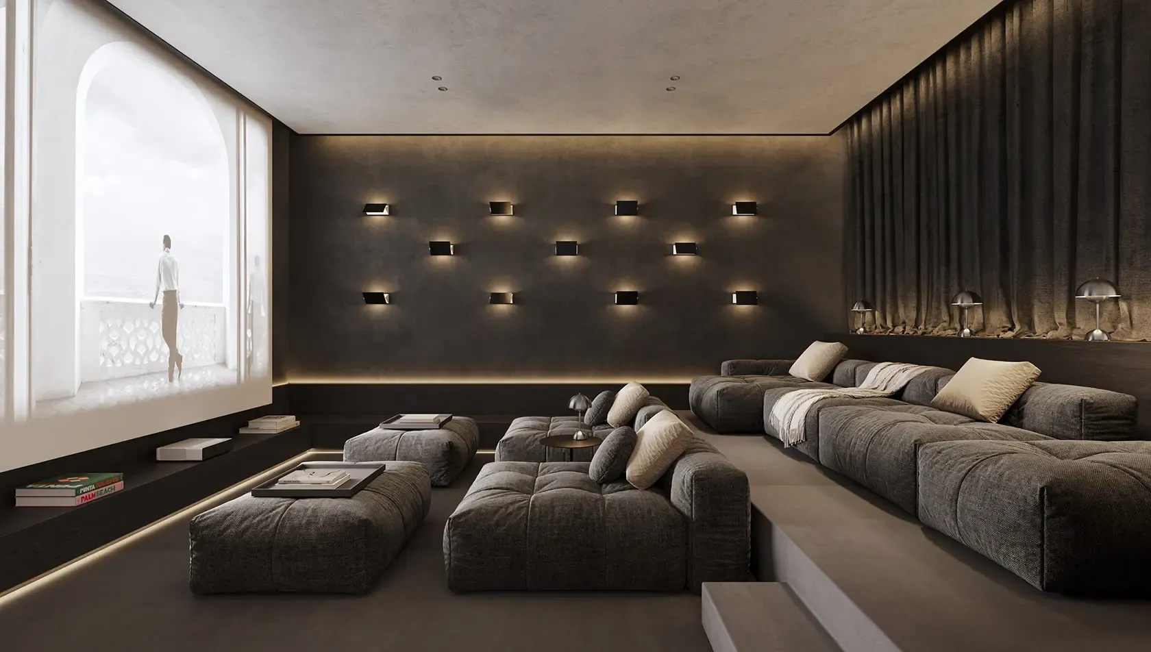 Home cinema room with high-end interior design, modular seating and ambient lighting