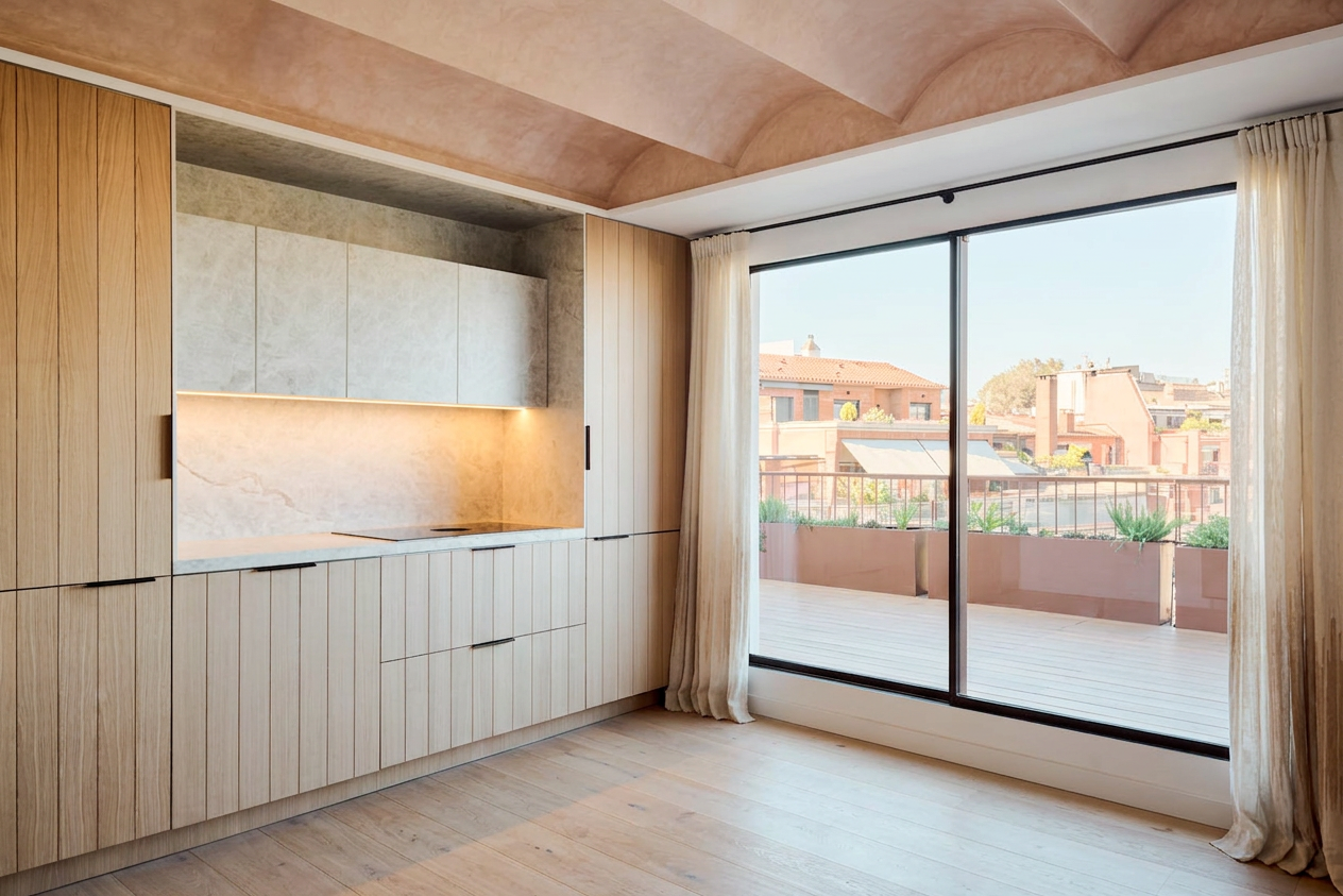 Modern kitchen with large window, wood finishes and soft natural light in a refined residential interior