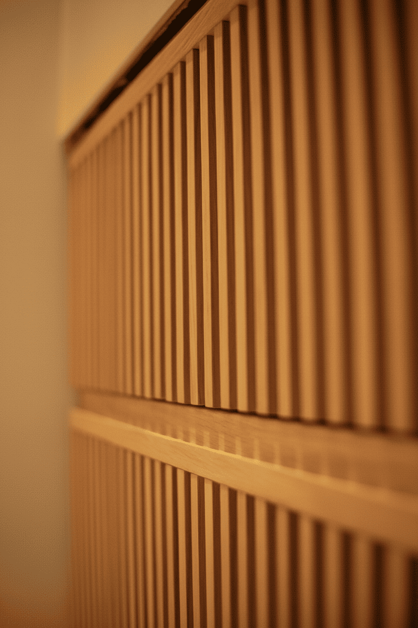 Detail of vertical oak slats in custom cabinetry highlighting texture and craftsmanship in the interior design