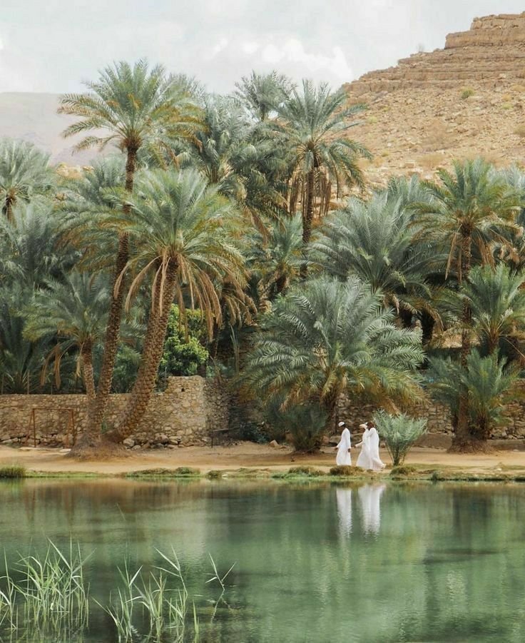 Desert oasis landscape with palm trees and water inspired by Egypt