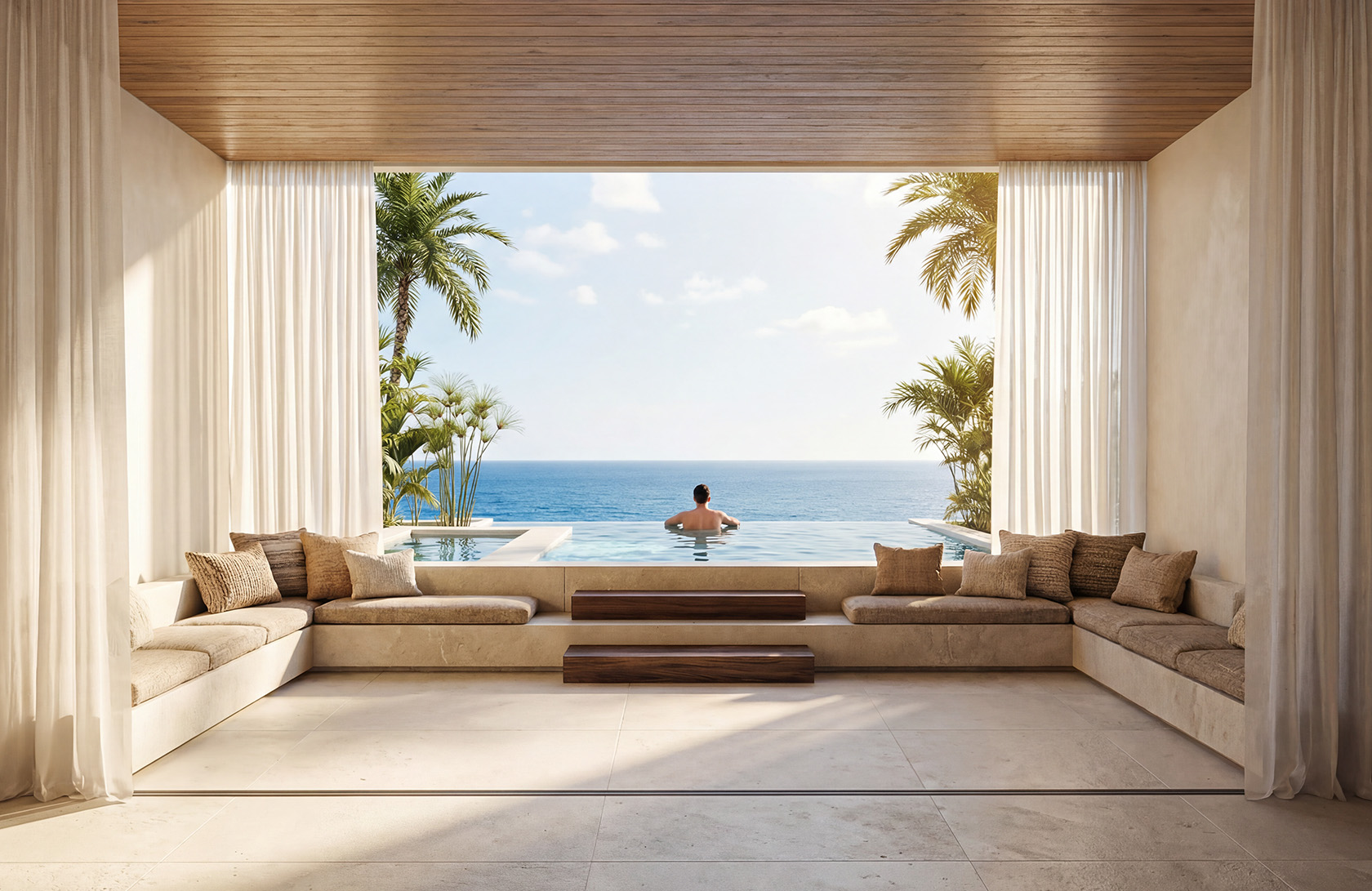 Hospitality suite with infinity pool overlooking the Mediterranean coastline