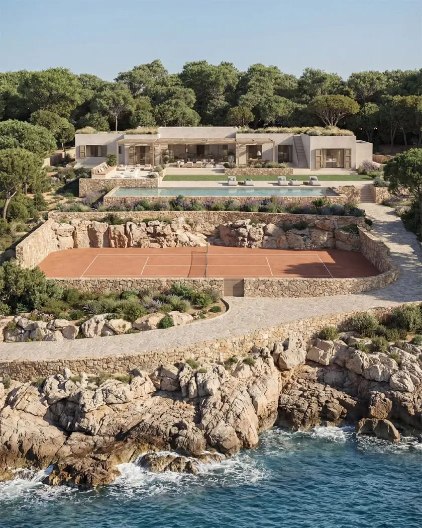 Luxury coastal villa in Cala Comte with infinity pool, private tennis court and Mediterranean landscape views