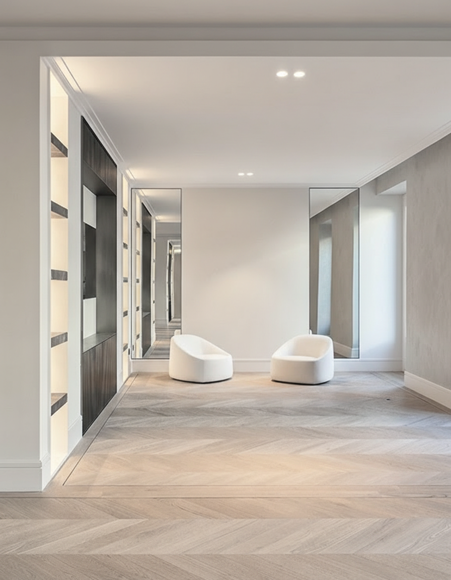Longitudinal view of the open-plan interior of the Jorge Juan Apartment, where metal structures, integrated lighting and continuous materials define scale and spatial rhythm.