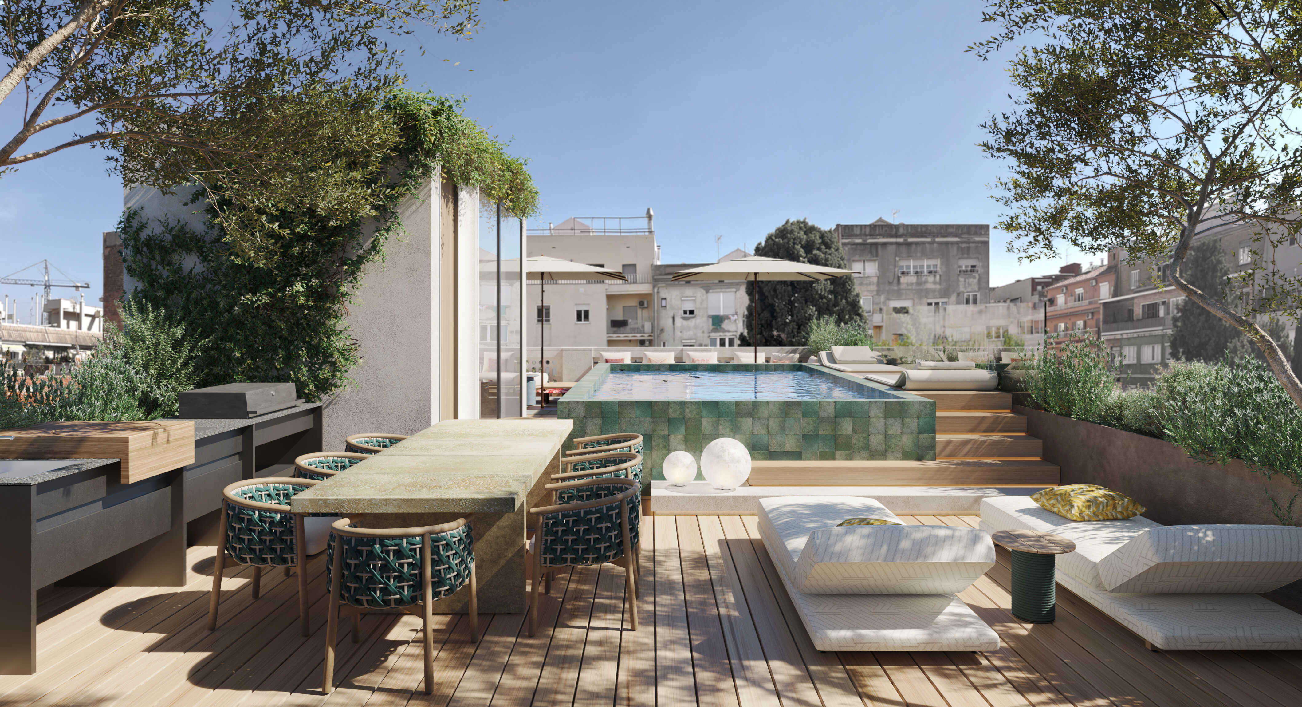 Private rooftop terrace with swimming pool, wooden decking, outdoor dining area and lounge seating surrounded by greenery.