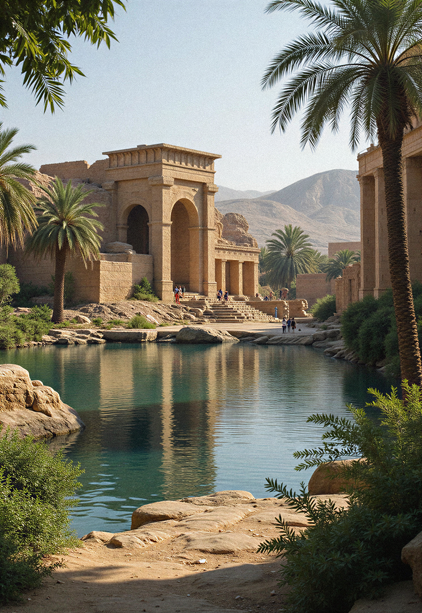 Palm-lined oasis with monumental stone architecture, reflective water and desert mountains, inspired by the landscapes and heritage of ancient Egypt.