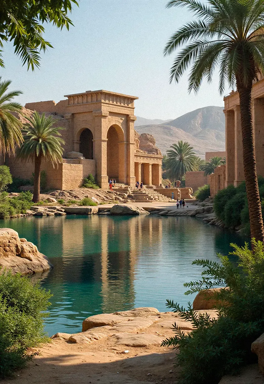 Palm-lined oasis with monumental stone architecture, reflective water and desert mountains, inspired by the landscapes and heritage of ancient Egypt.