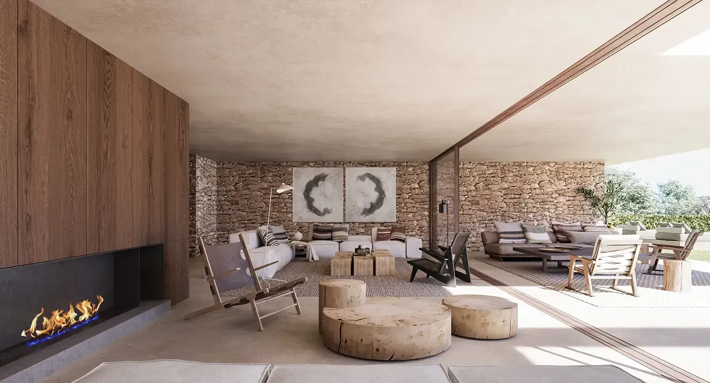Elegant indoor-outdoor lounge with fireplace, rustic stone walls, and wood furniture, designed by Luv Studio for relaxed luxury.