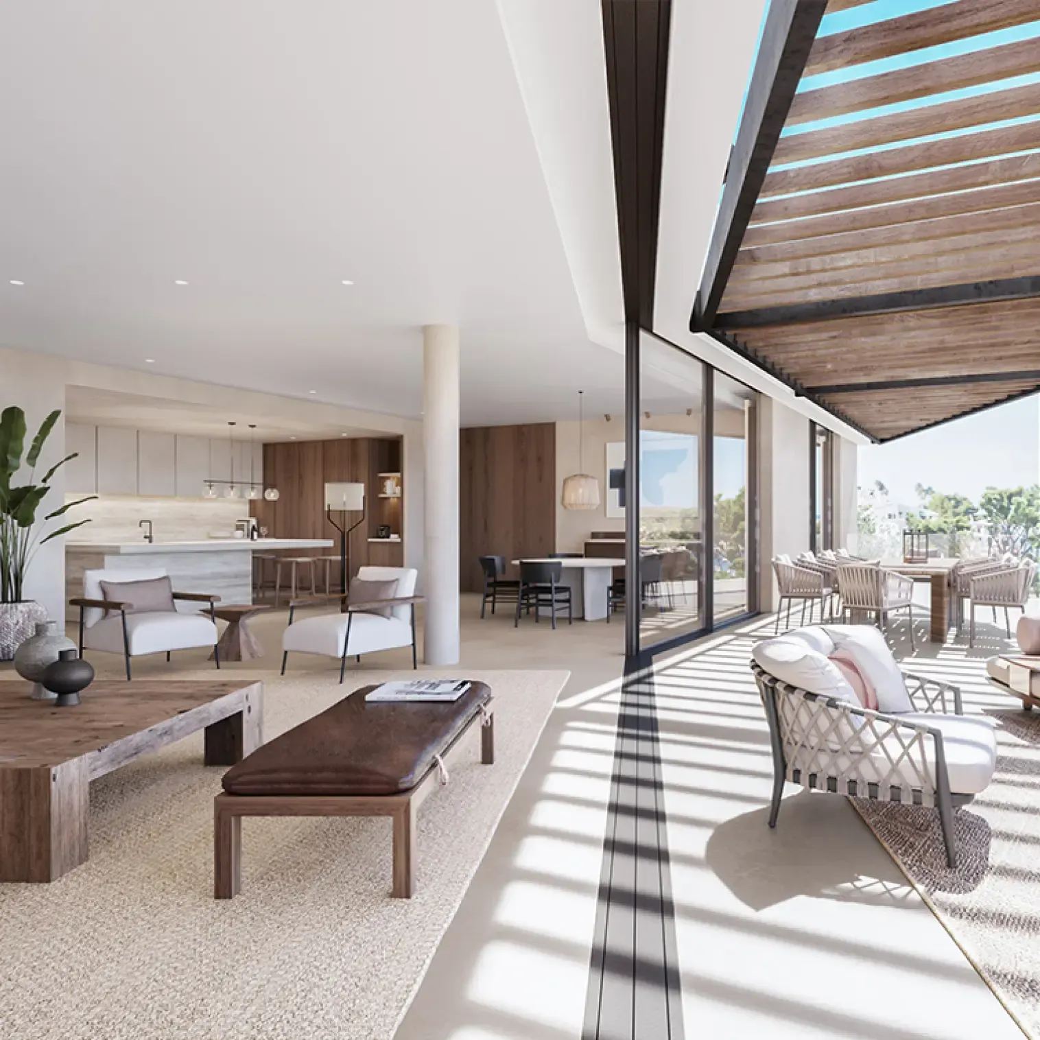 Open-concept living area with seamless indoor-outdoor flow and Mediterranean views, crafted by Luv Studio in Menorca.