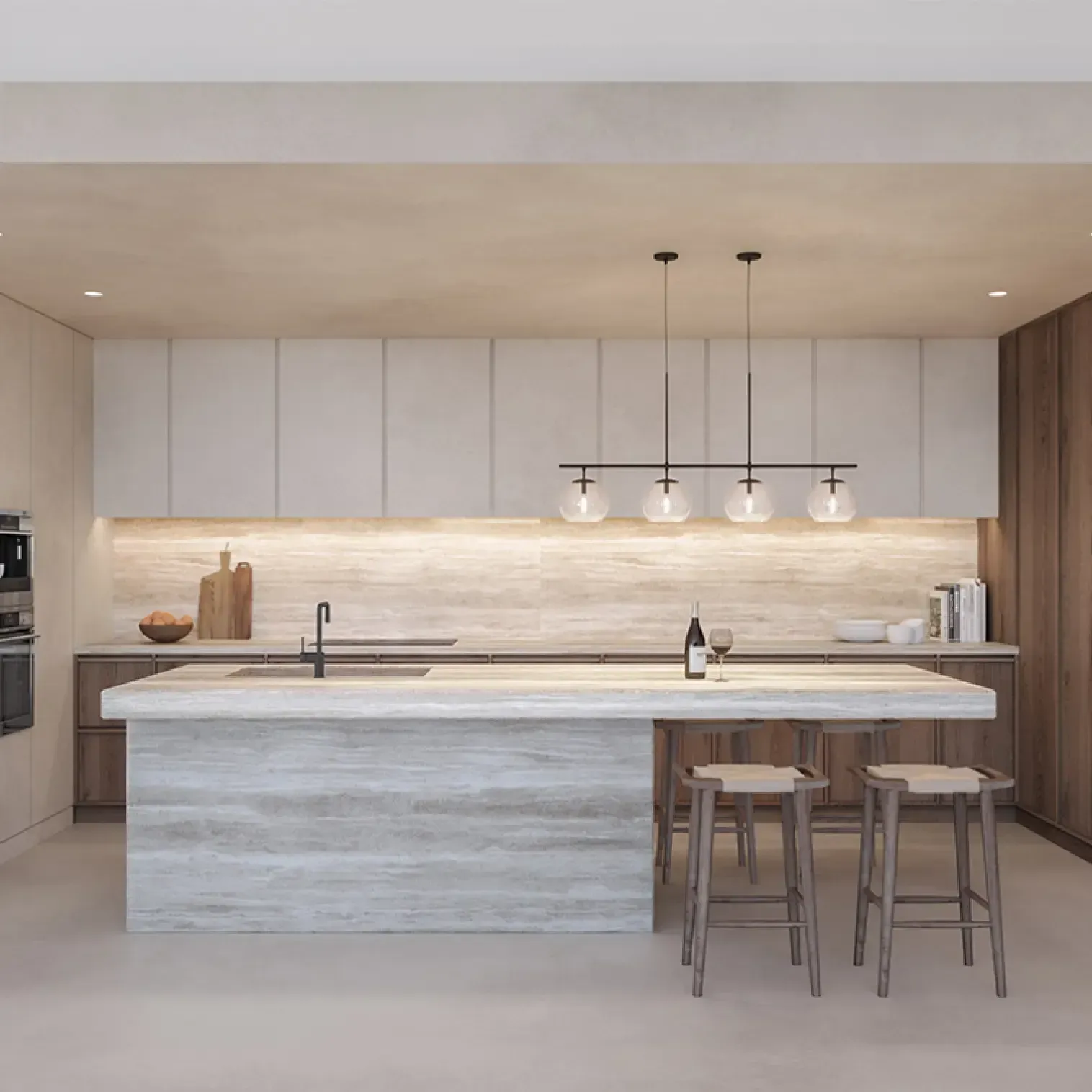 Minimalist kitchen with travertine island and wood cabinetry, designed by Luv Studio for a luxury home in Menorca.