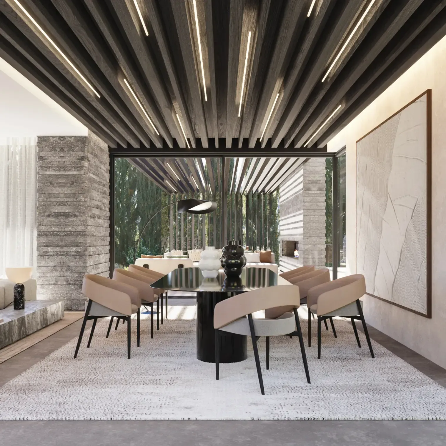 Cozy outdoor seating area under wooden beams, with a stone fireplace and modern furniture.