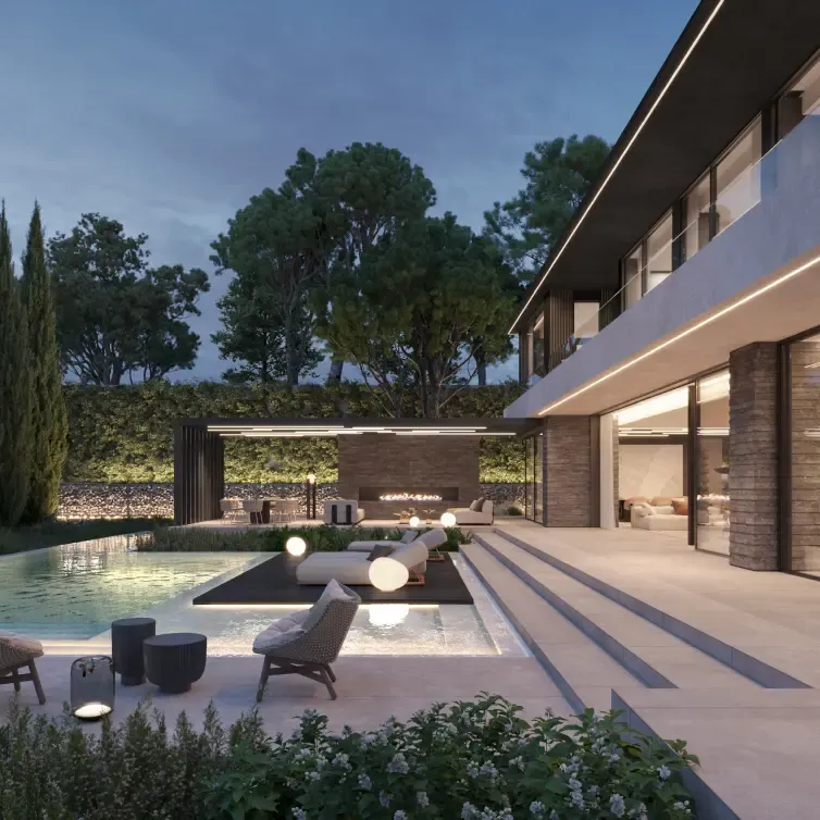 Elegant villa with panoramic glass walls and a spacious terrace next to the pool.