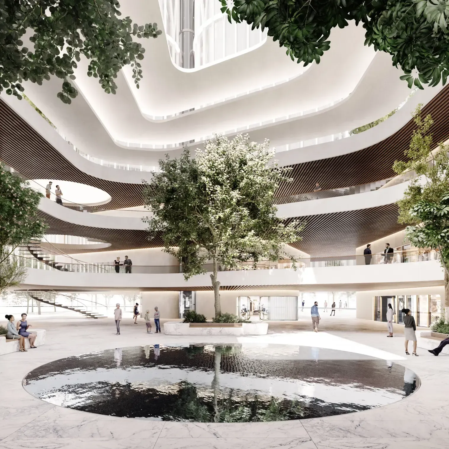 Open atrium of Axian Tower with organic architecture, central water feature, and lush indoor trees designed for a luxury commercial space.