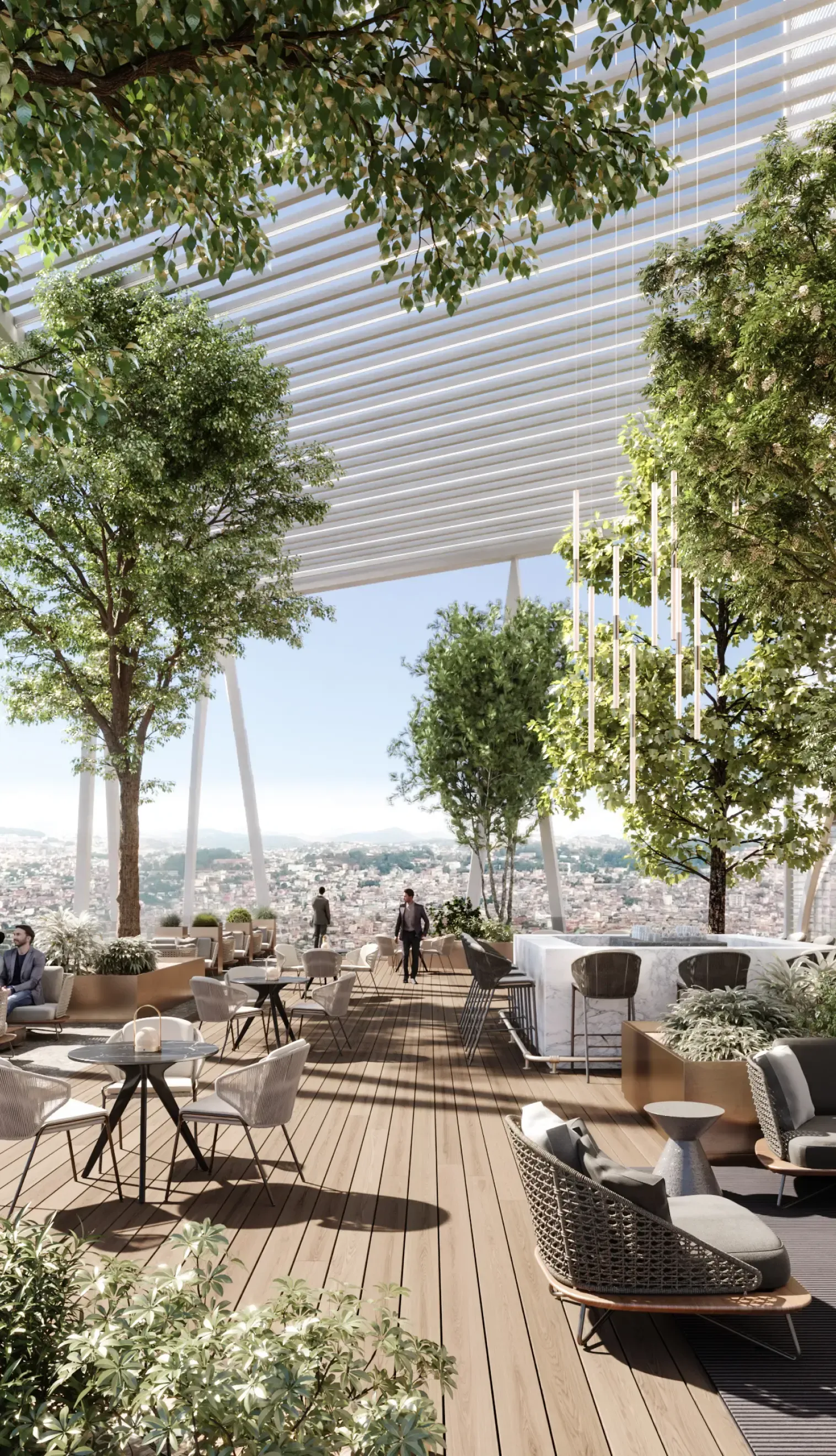 Elevated sky bar at Axian Tower featuring lush greenery, lounge seating, and city views, blending luxury design with nature.