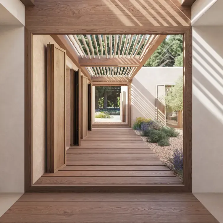 Architectural corridor with wooden beams and seamless indoor-outdoor flow in a Formentera luxury villa.