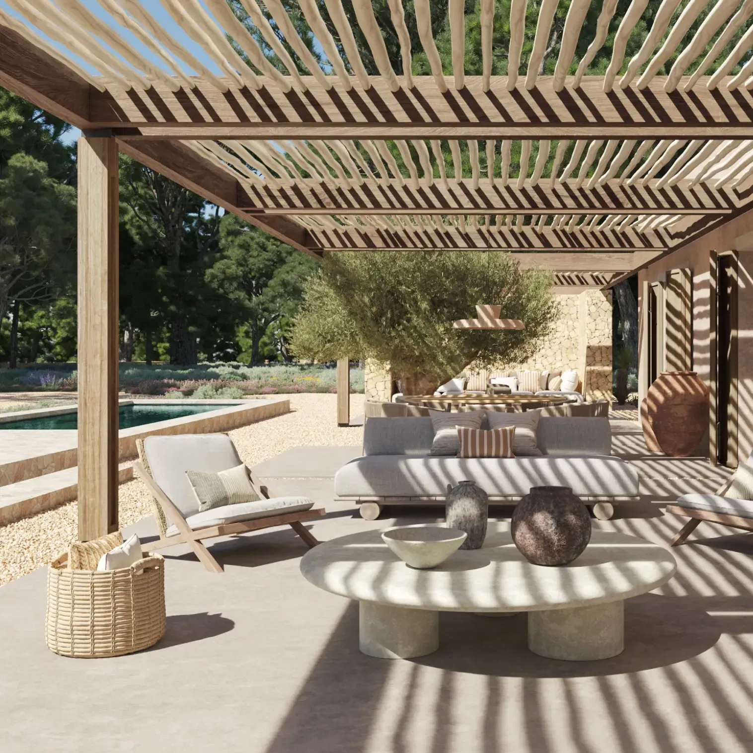 Design-forward shaded terrace with natural wood elements, modern outdoor furniture, and garden views in South Formentera.
