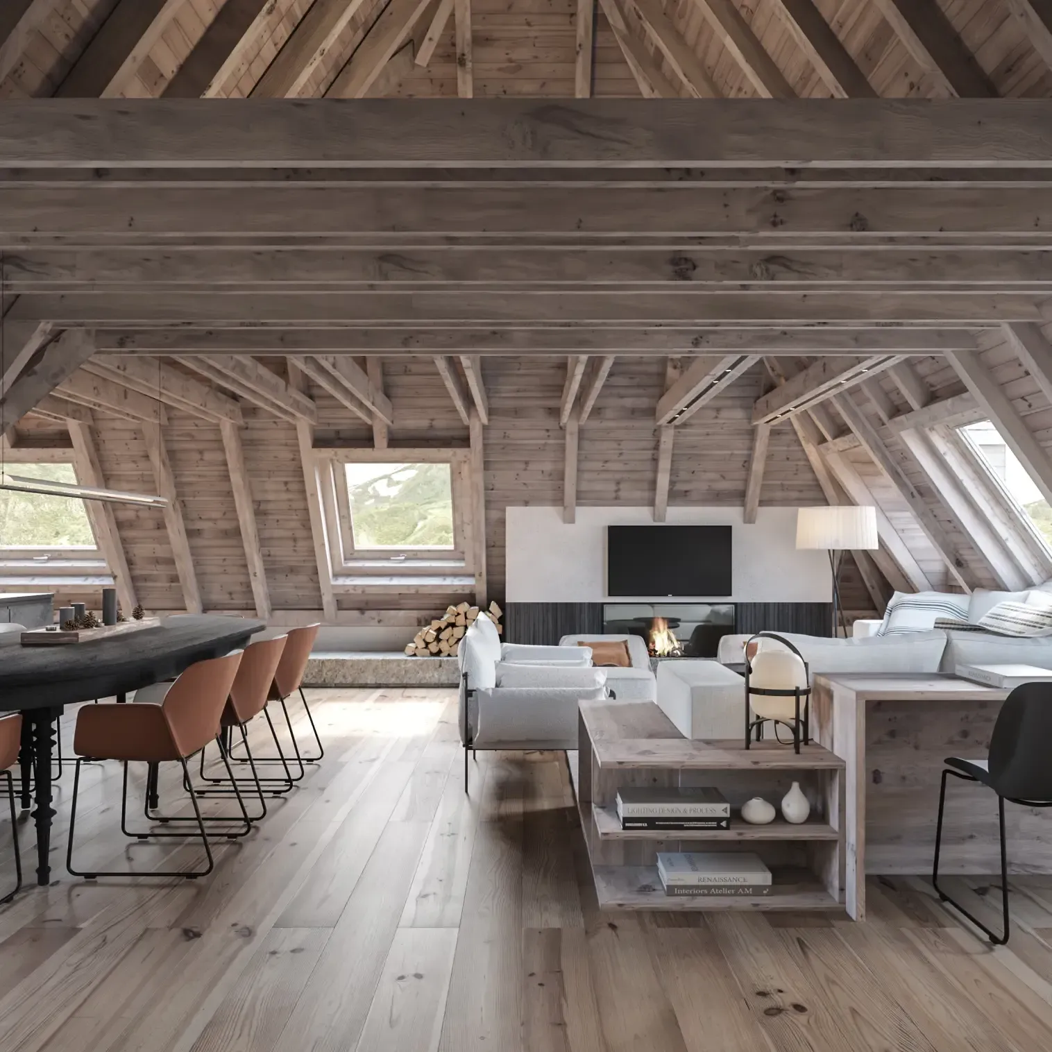 Open-plan chalet interior with dining and living areas under vaulted wood ceilings by Luv studio.