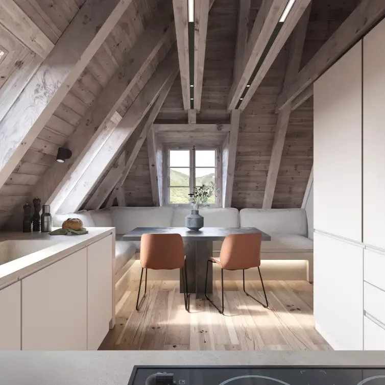 Cozy dining nook in a wood-clad attic kitchen by Luv studio, blending luxury architecture with natural materials.