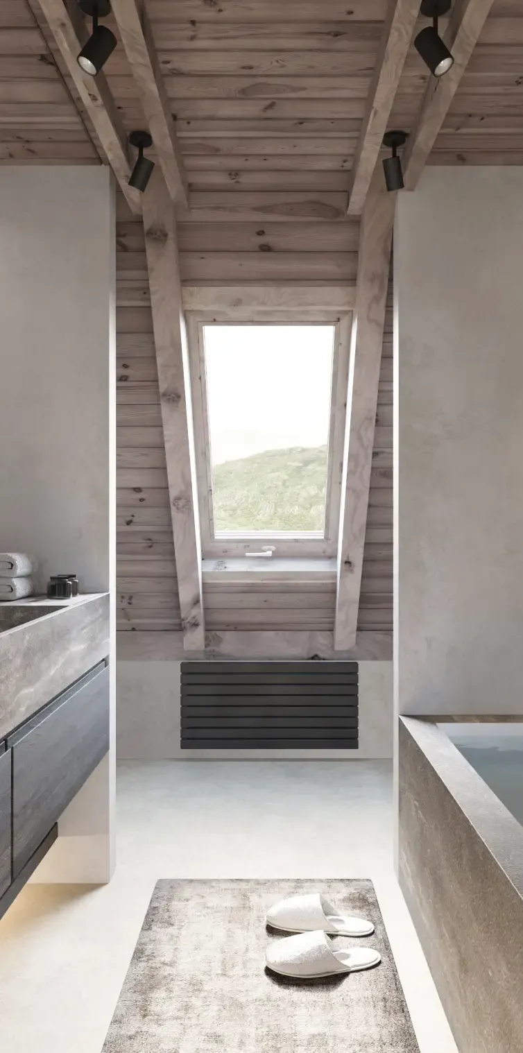 Attic bathroom with rustic wood ceiling and modern stone finishes, designed by Luv studio with a luxury alpine feel.
