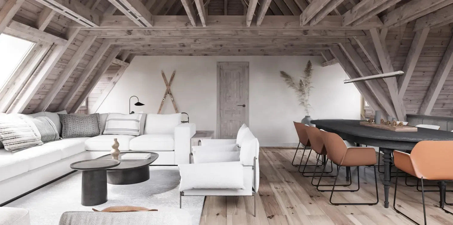 Stylish mountain retreat with soft-toned furniture and exposed timber beams, designed by Luv studio.