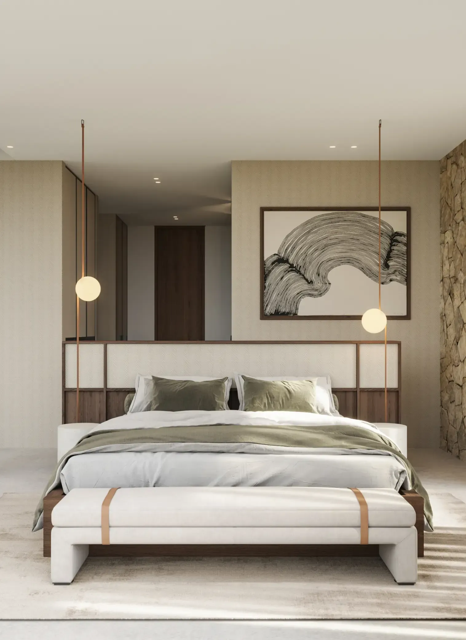 Master bedroom suite with soft tones, stone textures, and floor-to-ceiling windows.