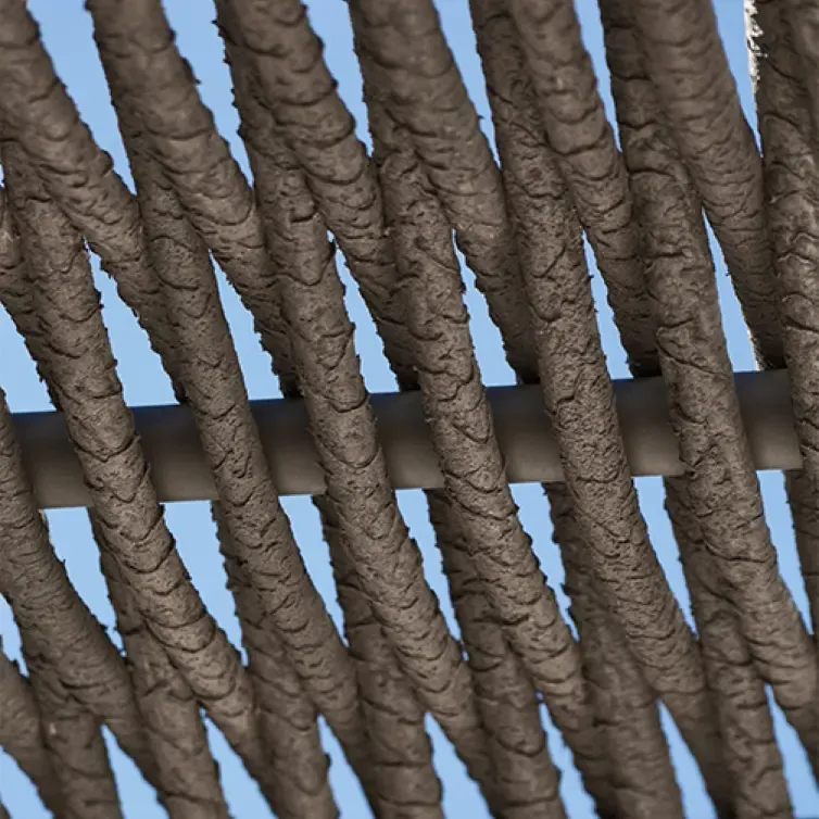 Close-up of handcrafted rope shading structure, showcasing texture and artisanal design details.