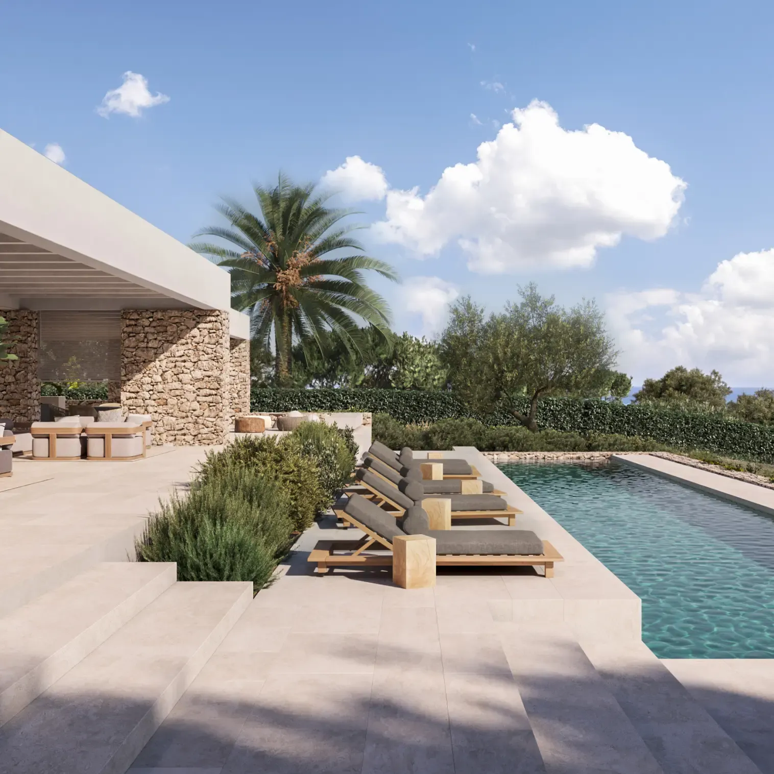 Luxury poolside terrace with panoramic views and modern architecture.