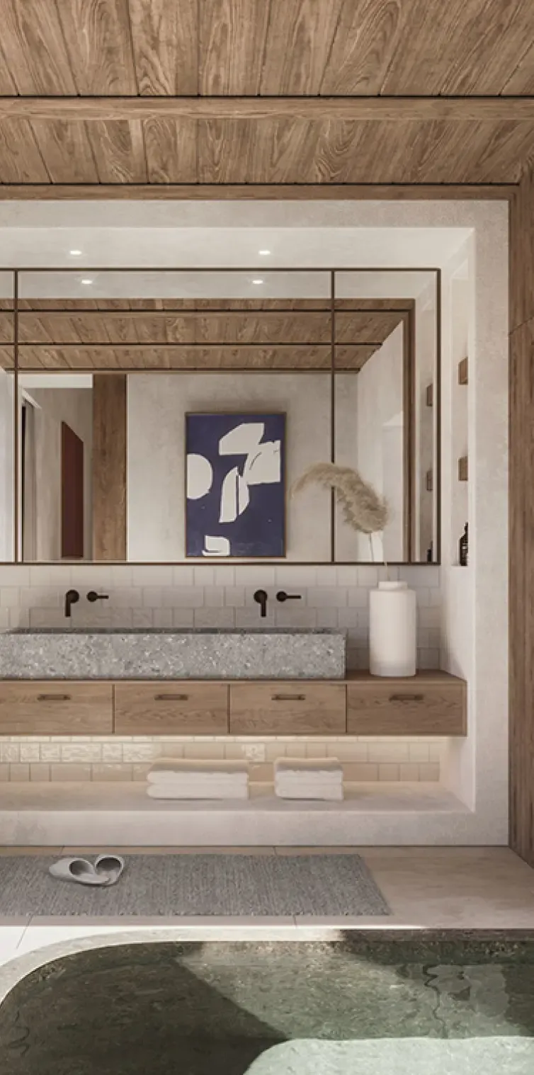 Elegant bathroom design with stone finishes and walk-in shower.