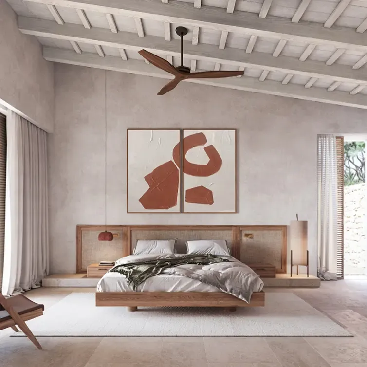 Refined bedroom with neutral palette and natural textures.