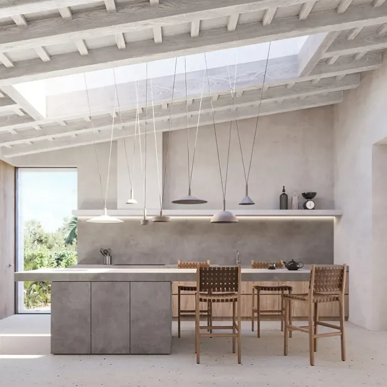 Open-plan kitchen featuring marble island and custom cabinetry.