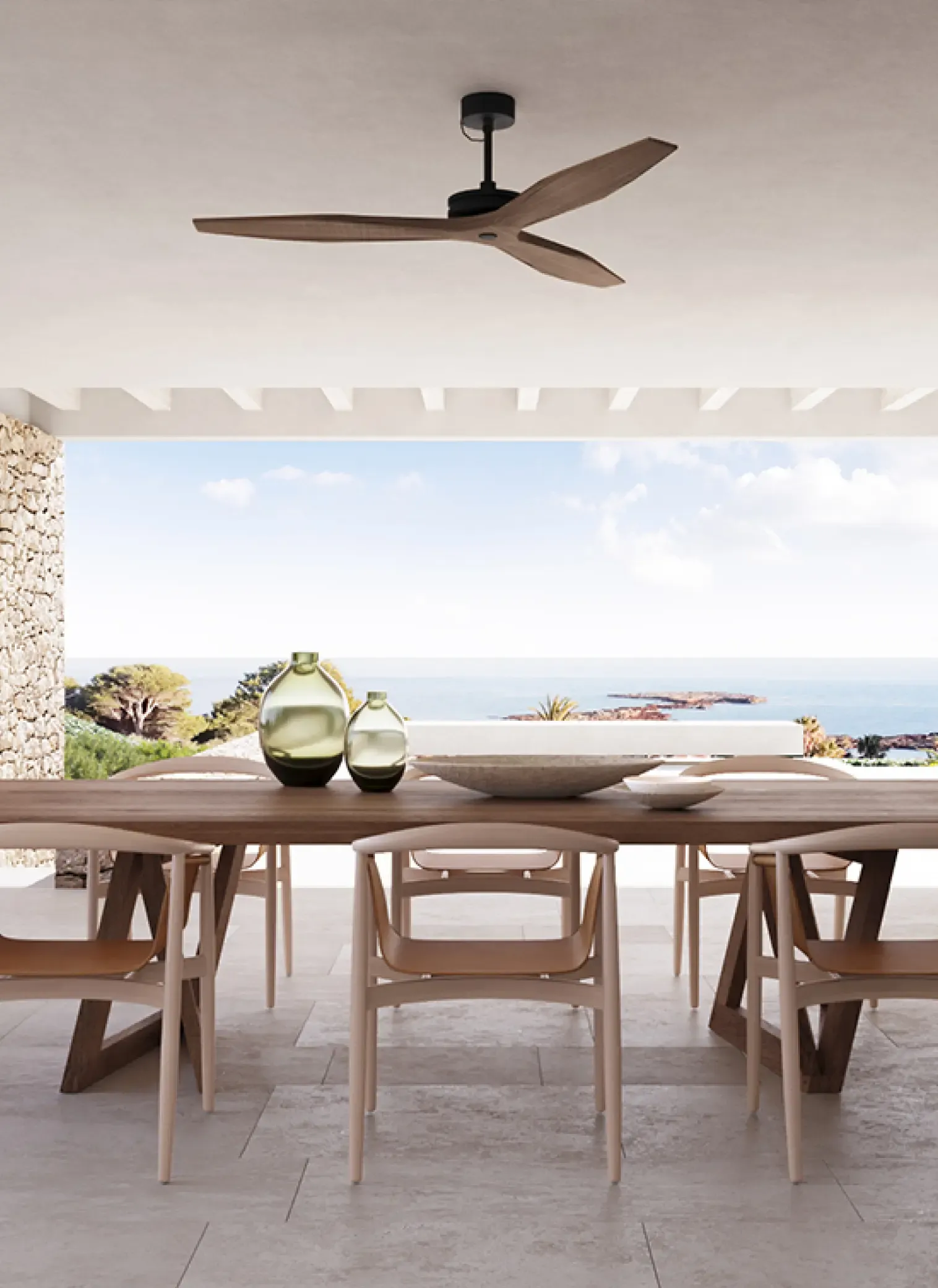 Minimalist dining space with wooden table and pendant lighting.