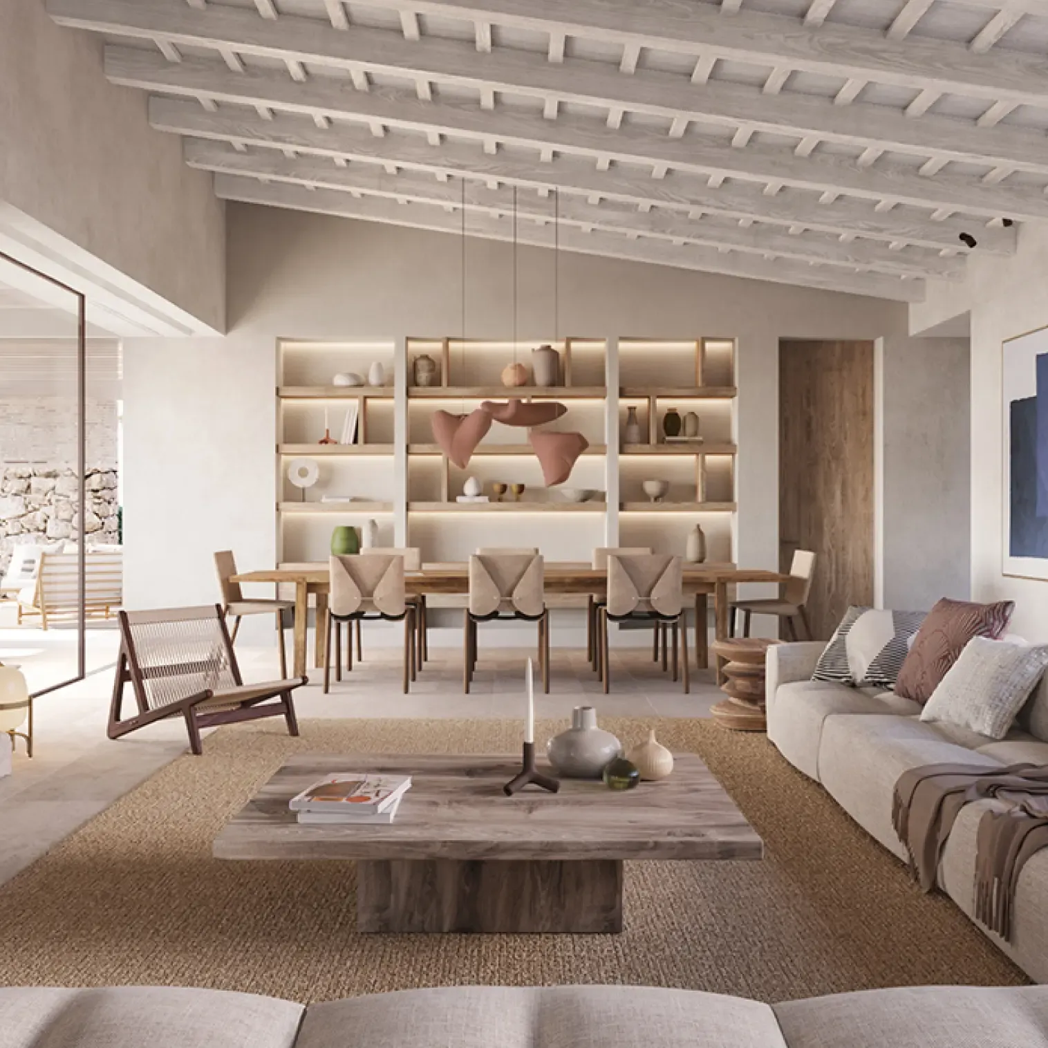 Interior view of the living area with sleek furniture and large windows.