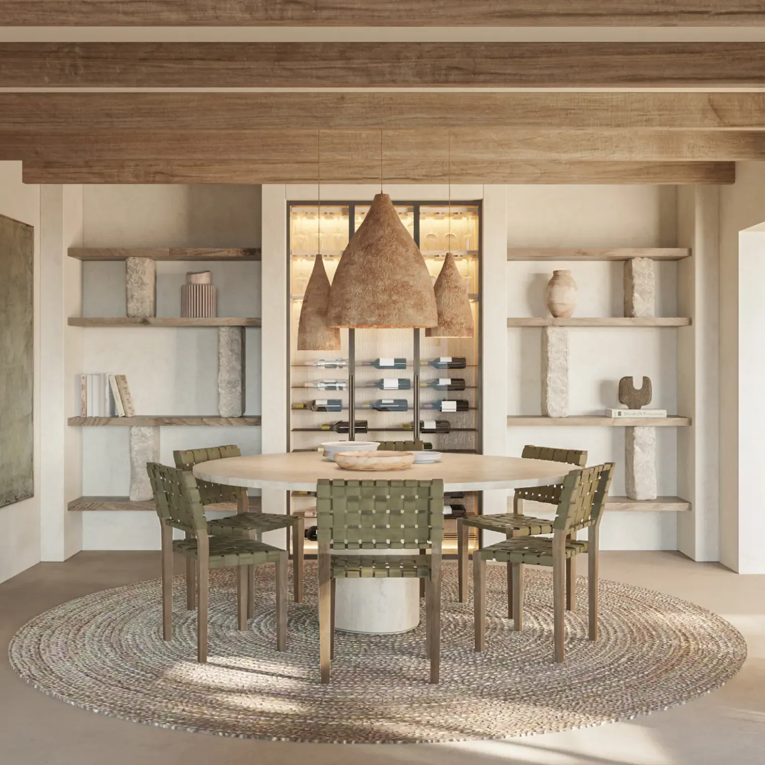 Warm dining area with rustic ceiling beams, round table and woven chairs in an elegant Mediterranean setting.