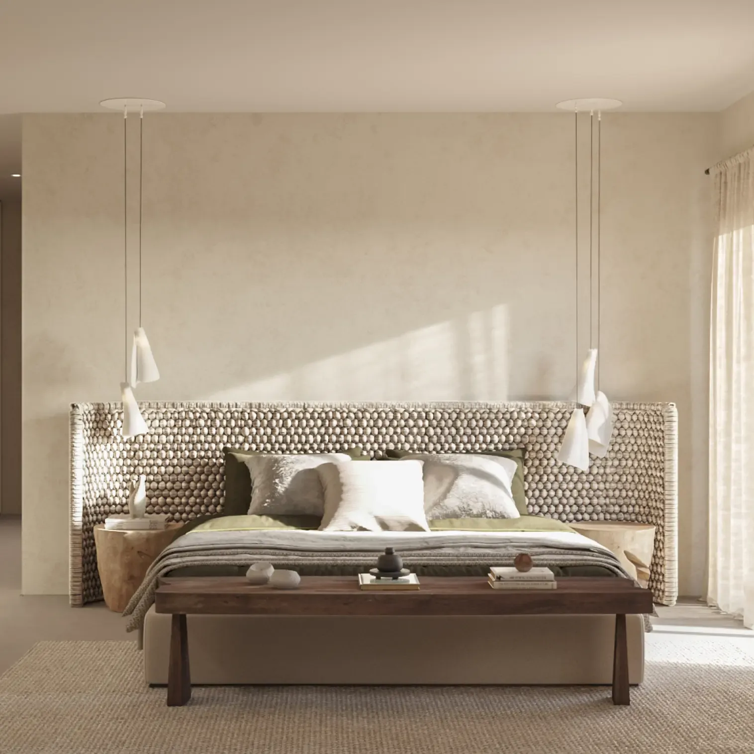 Serene bedroom with woven headboard and neutral tones in a contemporary Mediterranean villa.