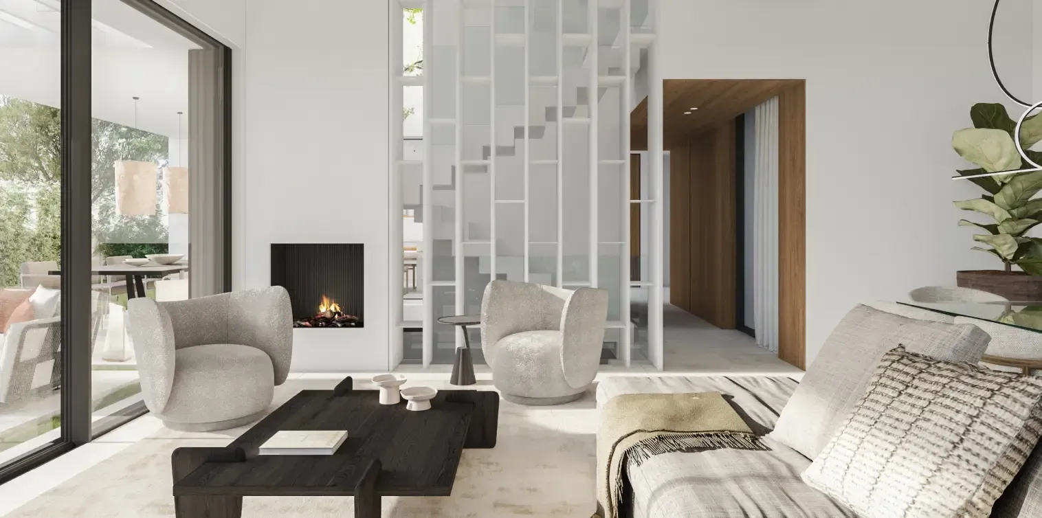 Double-height living area with sculptural staircase and designer furniture, reflecting Luv studio's architectural elegance.