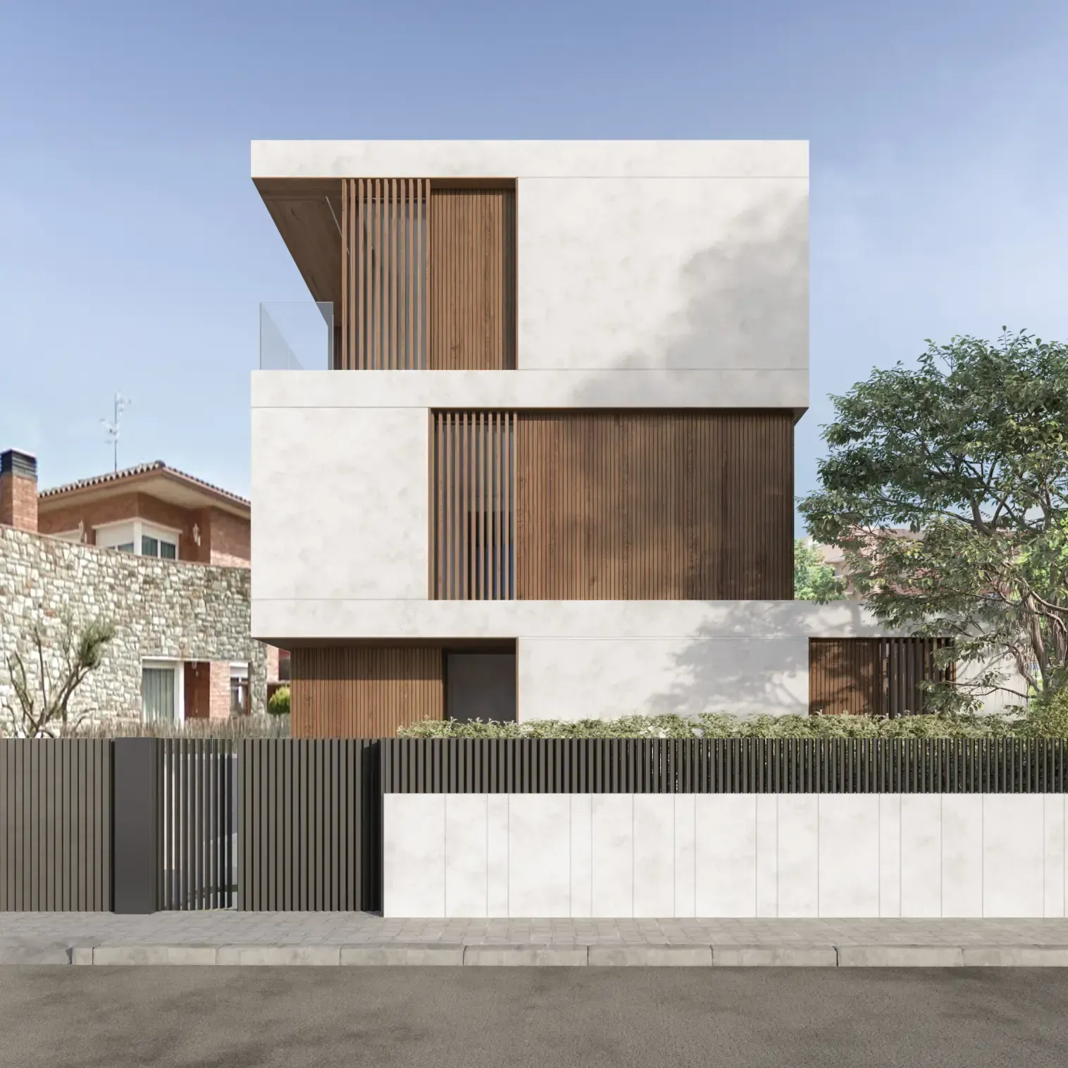 Minimalist facade of a luxury Luv studio residence combining white concrete and vertical wooden slats.